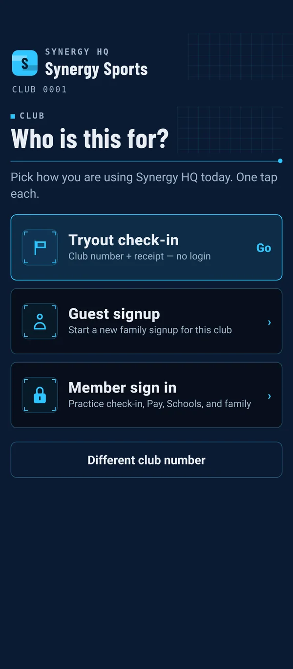 Who is this for screen with tryout check-in, guest signup, and member sign in