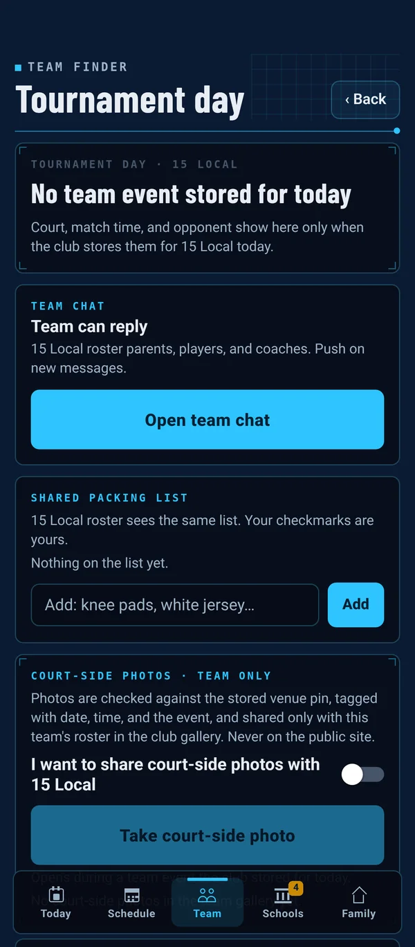Tournament day screen with team chat, packing list, and court-side photos